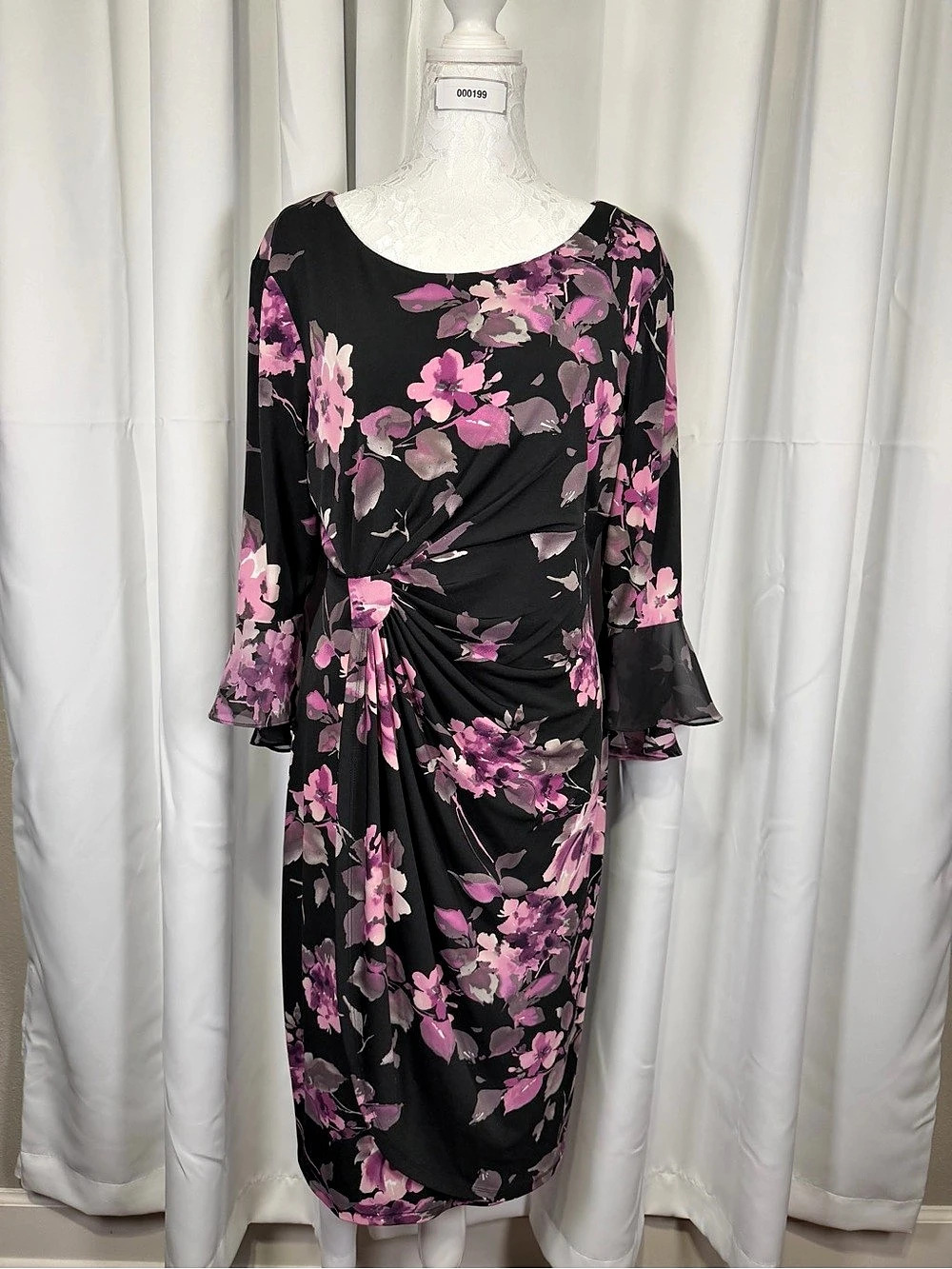 Connected Apparel Women’s Size 14 Black Pink Floral Ruched Bell Sleeve Dress